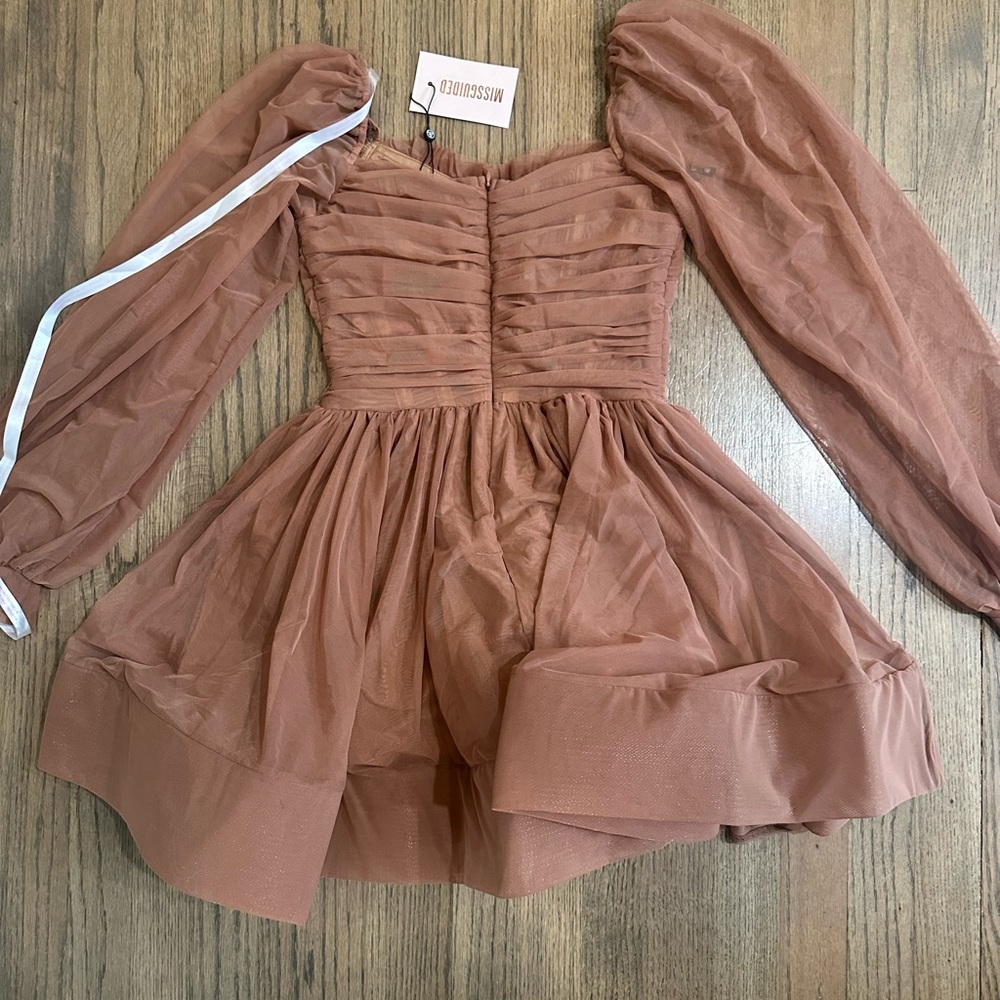 Misguided Draped Tulle Balloon Sleeve Skater Dress-Size 4-NWT-Taupe - Picture 6 of 9